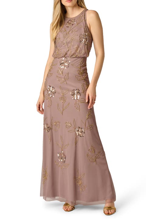 Beaded Floral Sleeveless Blouson Bodice Gown