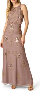 Adrianna Papell Beaded Floral Sleeveless Blouson Bodice Gown
