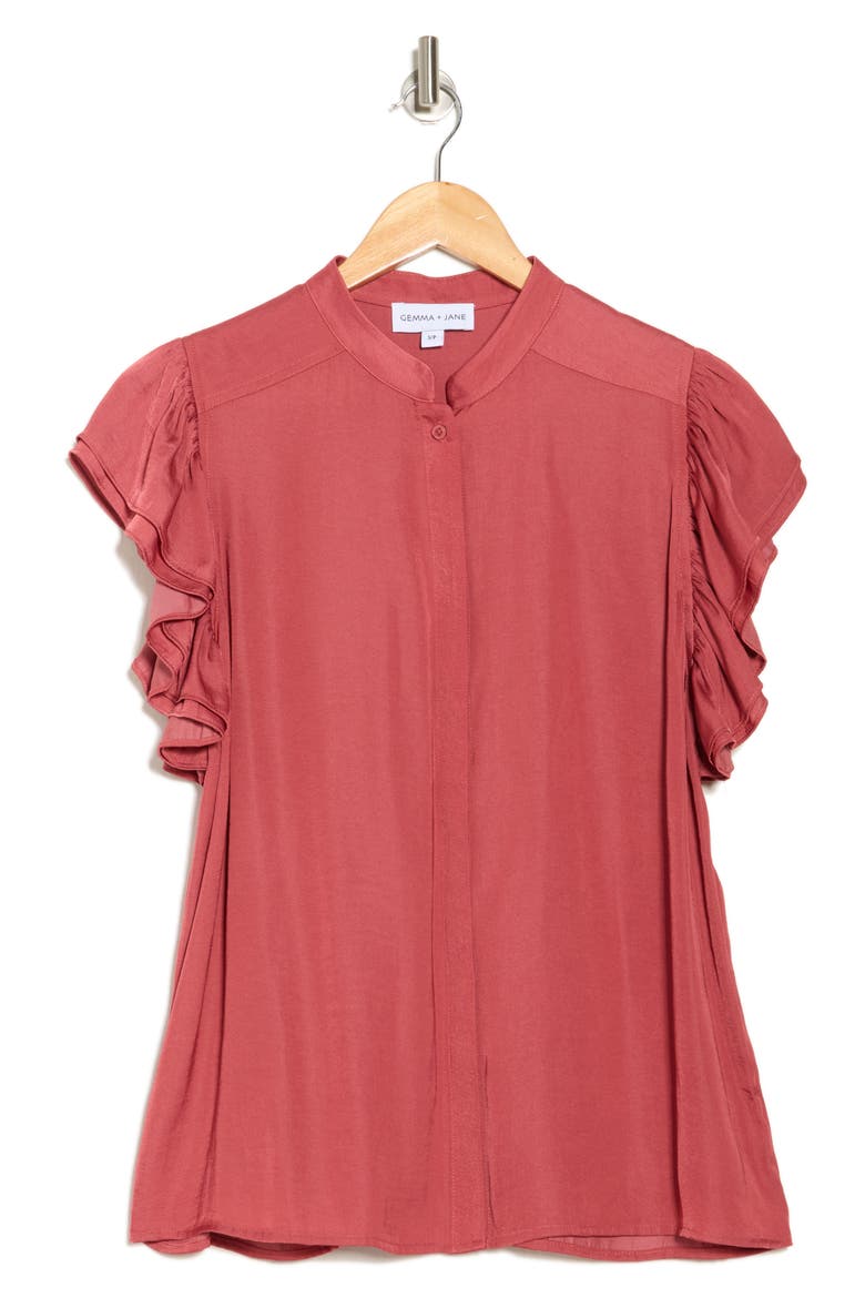 Ruffle Sleeve Button-Up Shirt, Alternate, color, RED CLAY