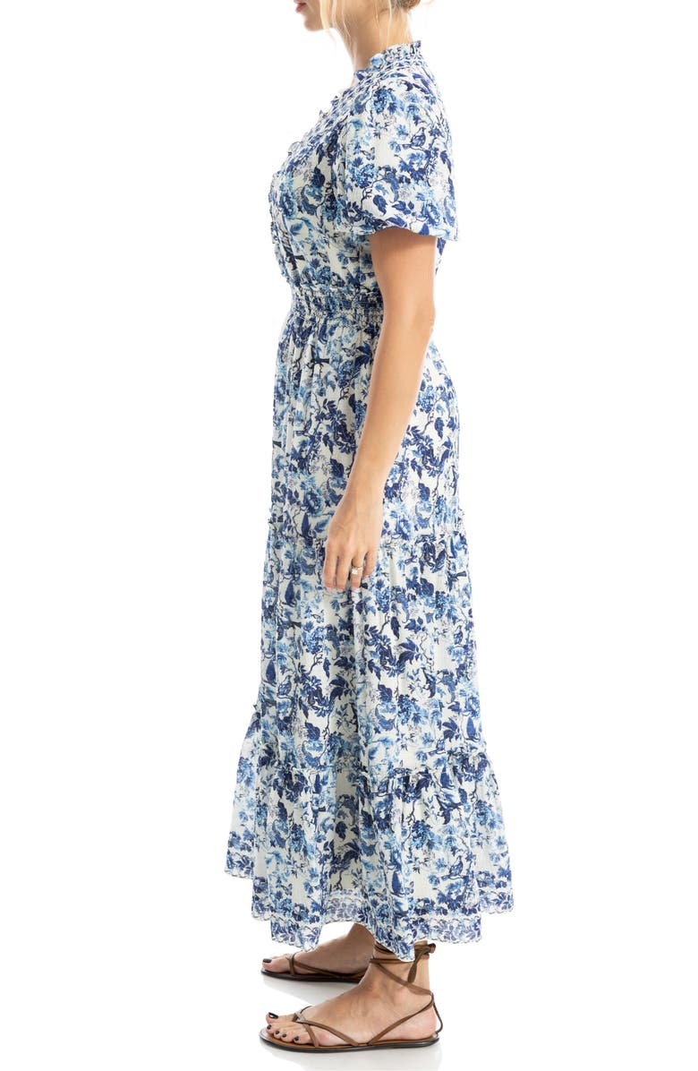 MAX STUDIO V-Neck Short Sleeve Tiered Maxi Dress, Alternate, color, Cream/ Blue Lush