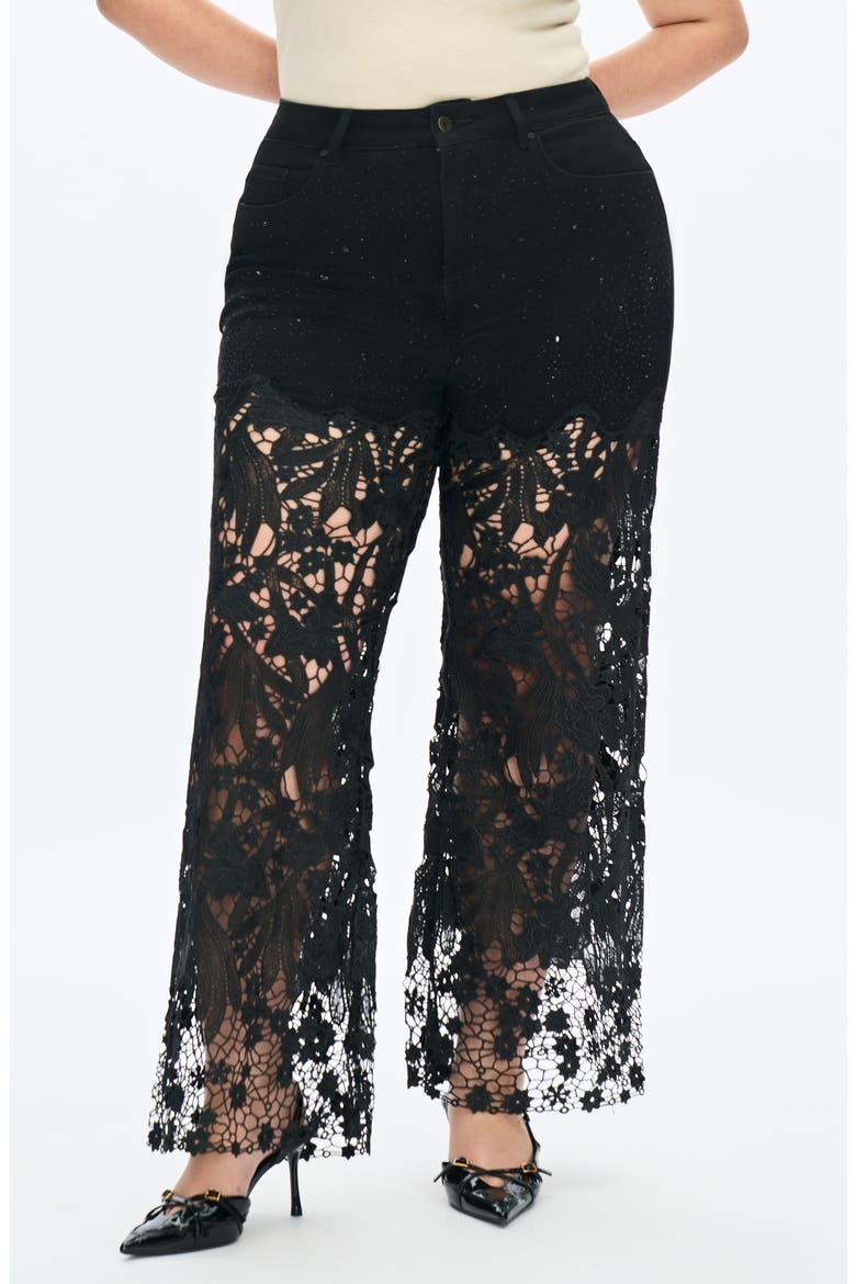 Crystal Embellished Lace Wide Leg Jeans, Main, color, BLACK