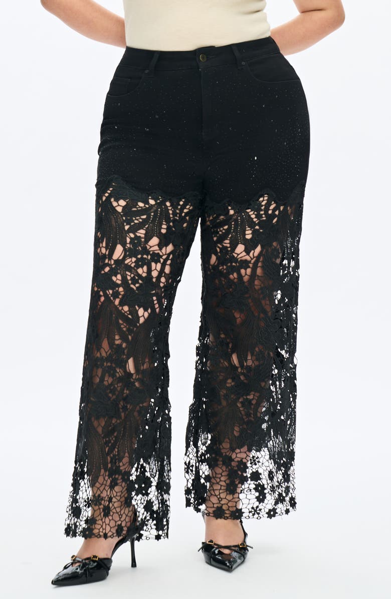 Bayeas Crystal Embellished Lace Wide Leg Jeans, Main, color, Black