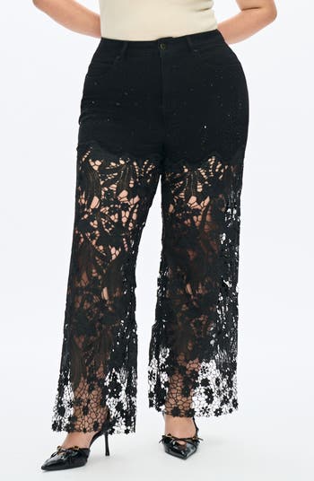 Crystal Embellished Lace Wide Leg Jeans