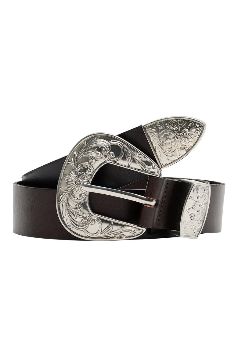 Engraved Buckle Leather Belt, Main, color, CHOCOLATE