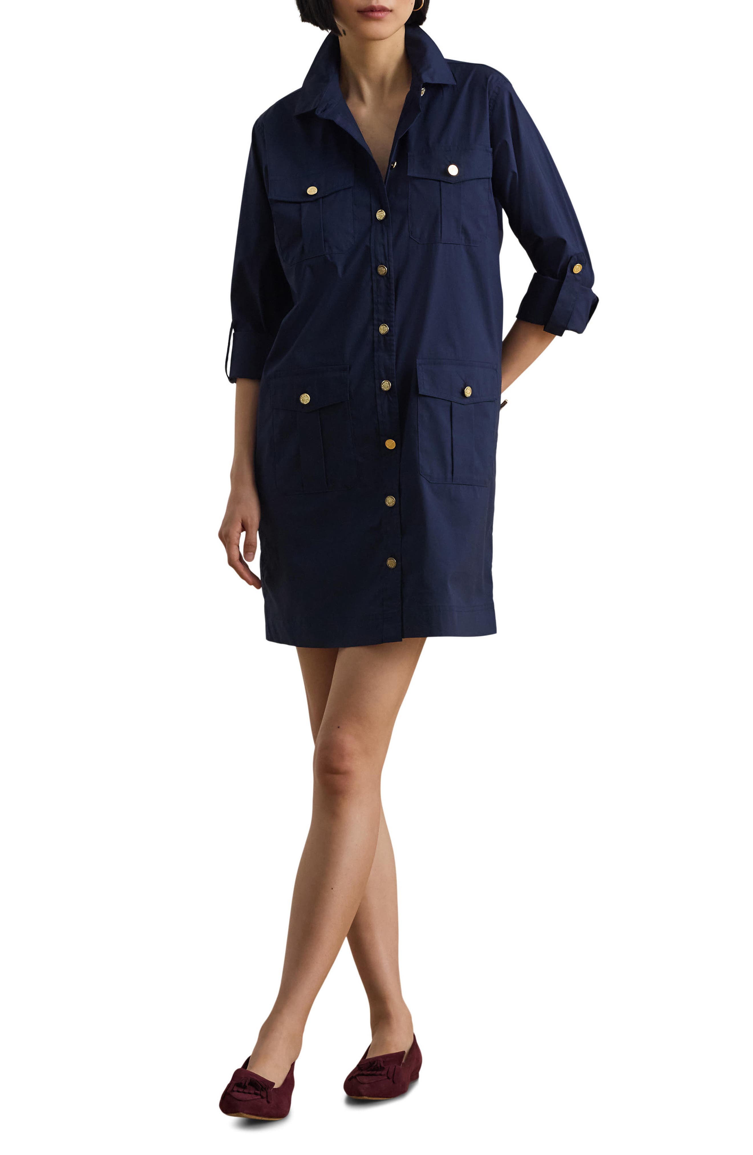 Cotton Blend Roll Tab Sleeve Shirtdress