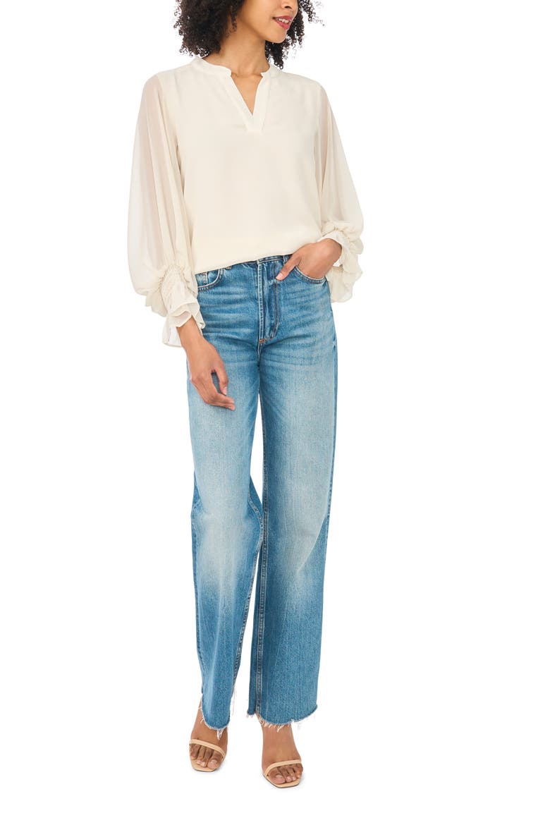 Ruffle Cuff Split Neck Top, Alternate, color, BIRCH