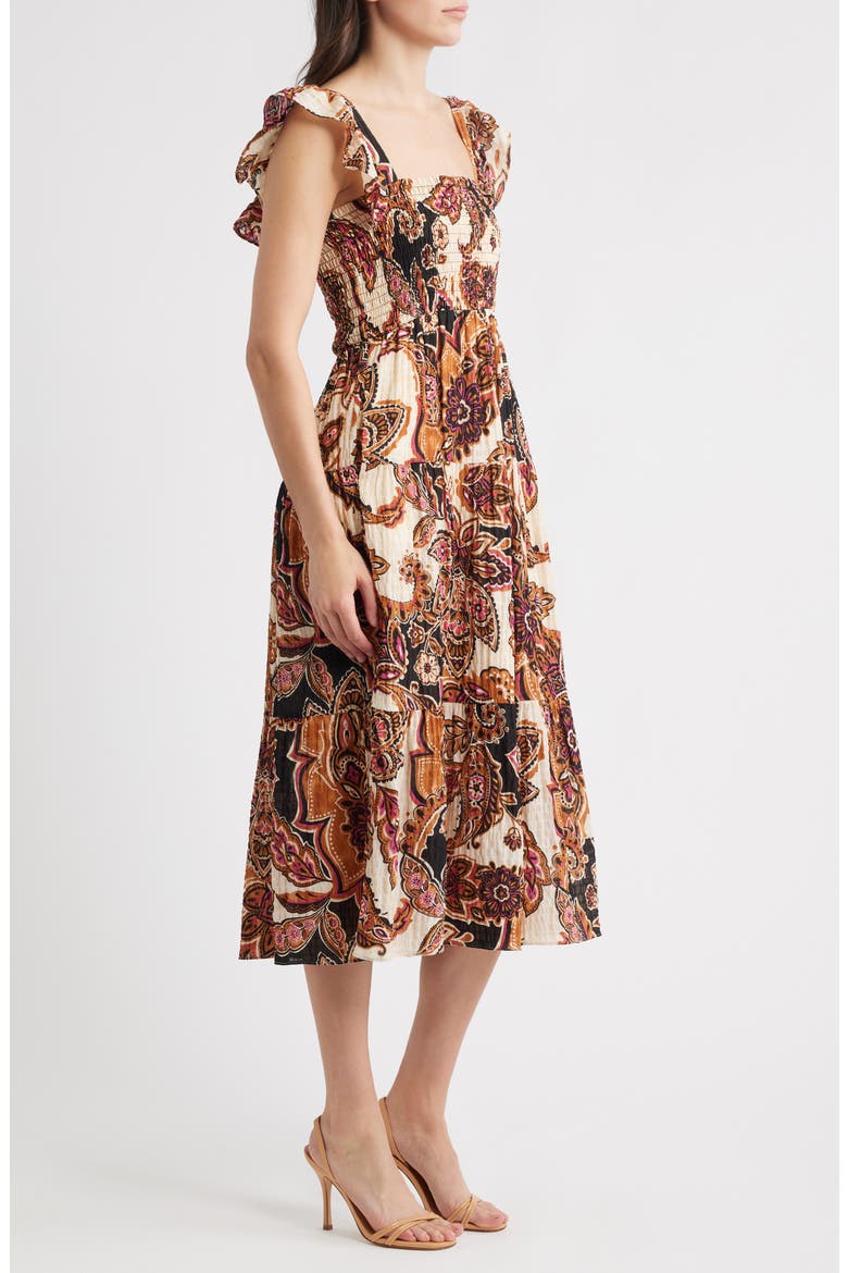 Paisley Tiered Midi Sundress, Alternate, color, BROWN MULT