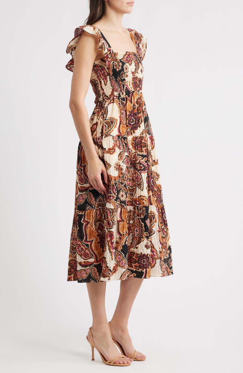 Vince Camuto Paisley Tiered Midi Sundress, Alternate, color, Brown Mult