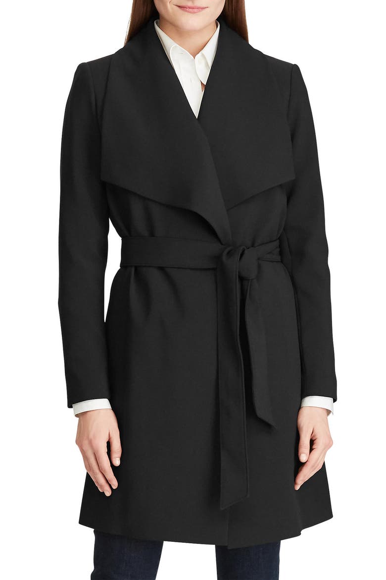 Drape Lapel Crepe Belted Coat, Main, color, BLACK