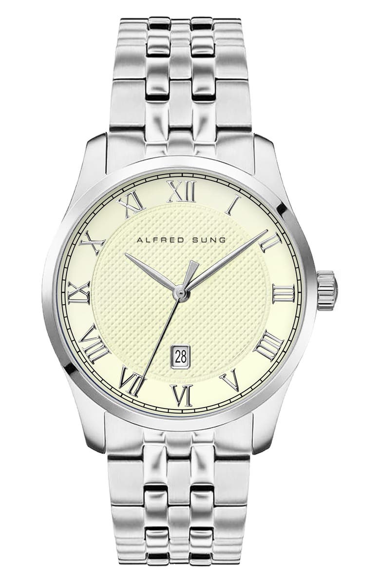 Alfred Sung Tempus Stainless Steel Bracelet Watch, 42mm, Main, color, Silver/ Linen