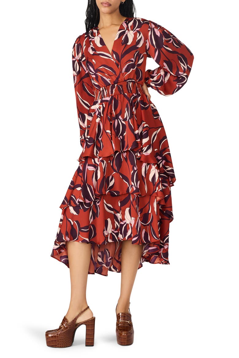 Bei Floral Long Sleeve Tiered High-Low Dress, Main, color, DUBERRY