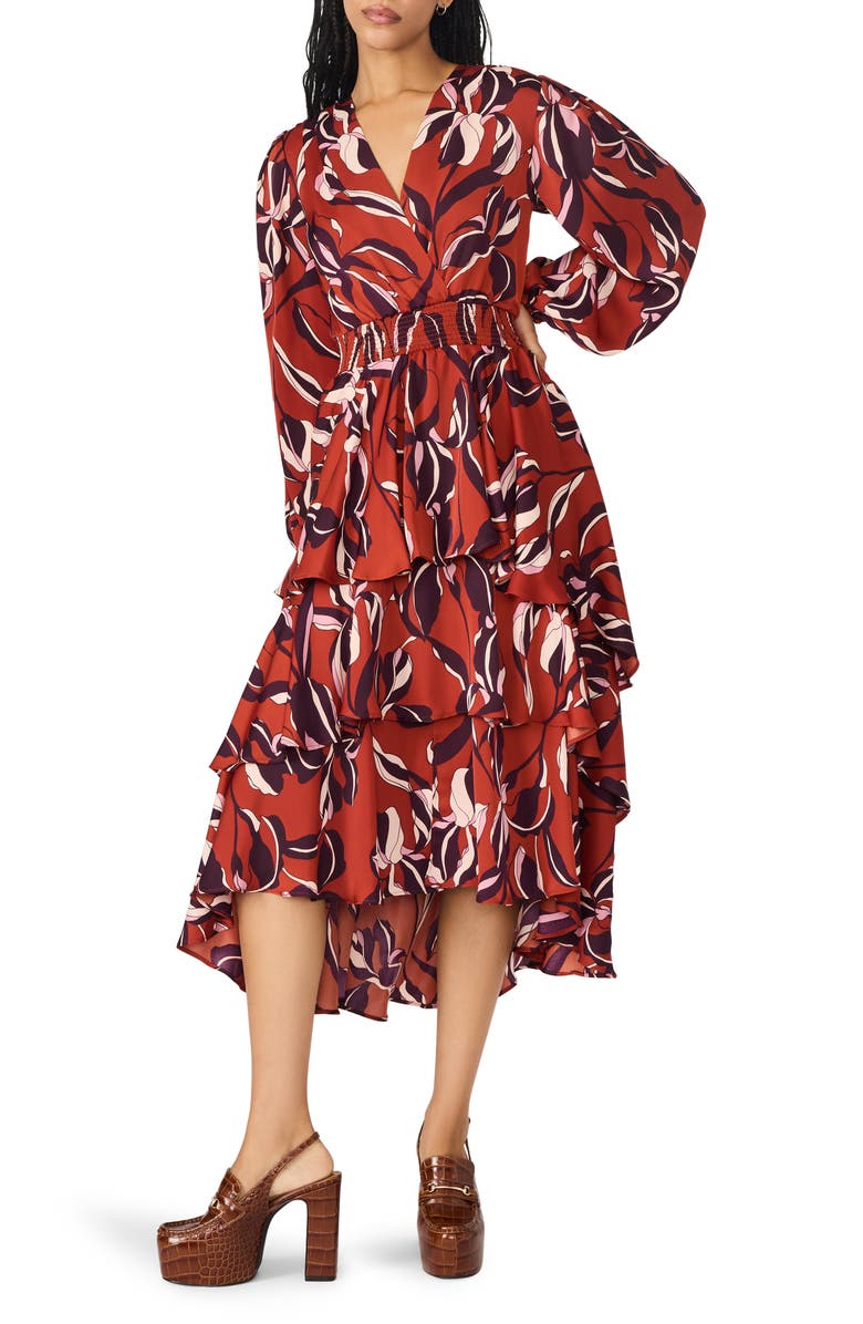 Steve Madden Bei Floral Long Sleeve Tiered High-Low Dress, Main, color, Duberry