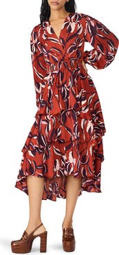 Steve Madden Bei Floral Long Sleeve Tiered High-Low Dress