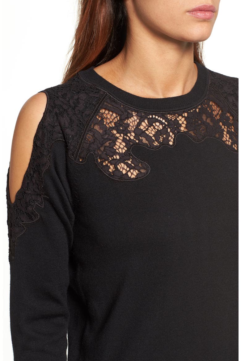 LACE DETAIL COLD SHOULDER SWEATER, Alternate, color, BLACK
