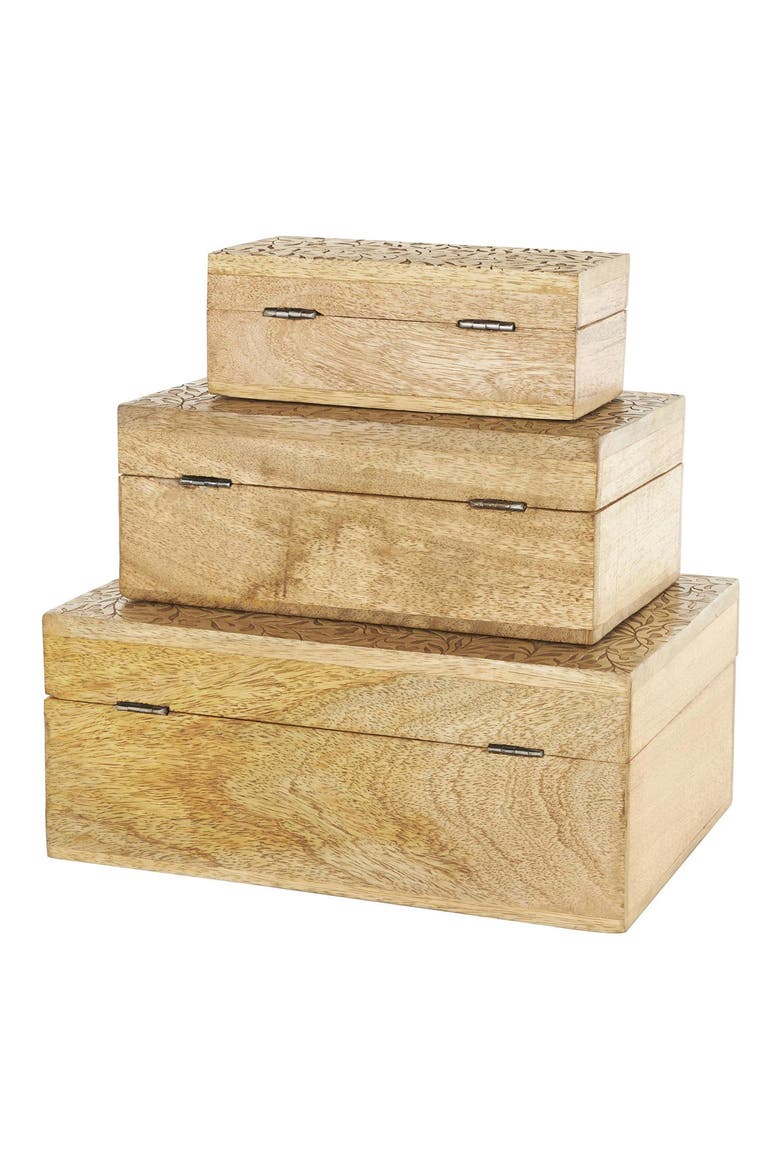 Set of Three Hand Carved Storage Boxes, Alternate, color, BROWN