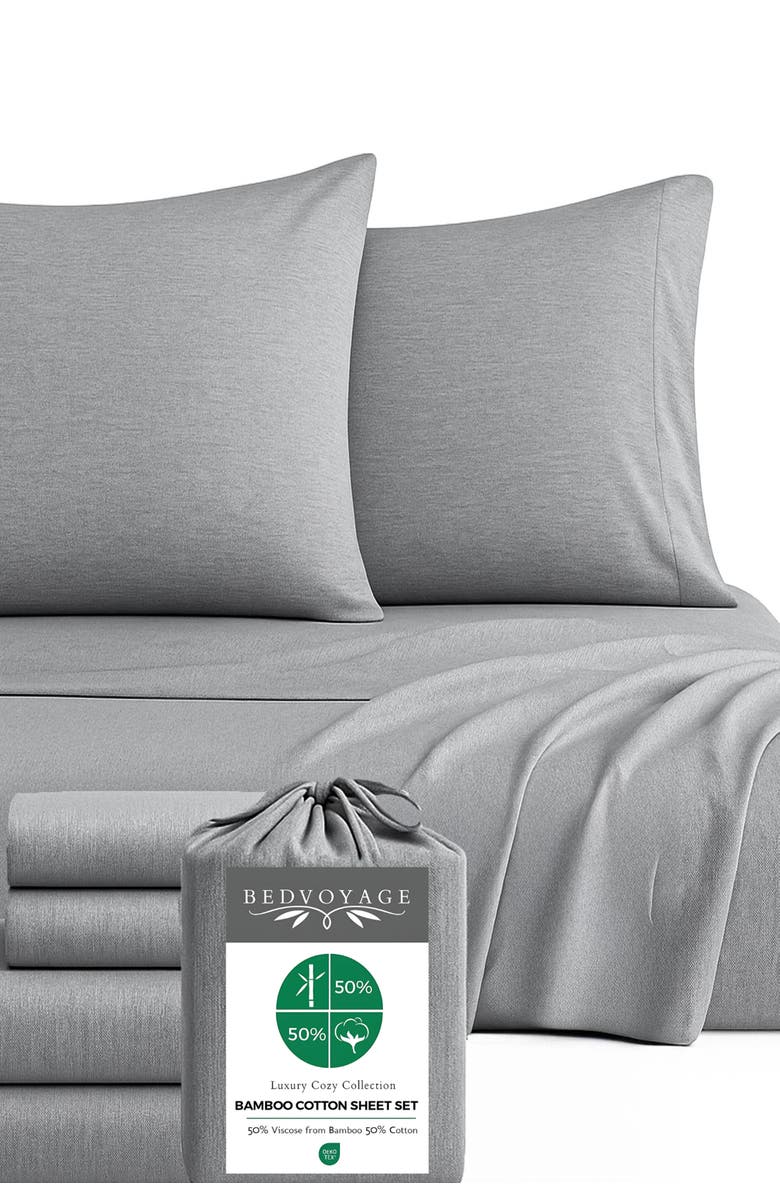 BedVoyage Melange Viscose Cotton Blend Breathable Bed Sheets, Main, color, Silver