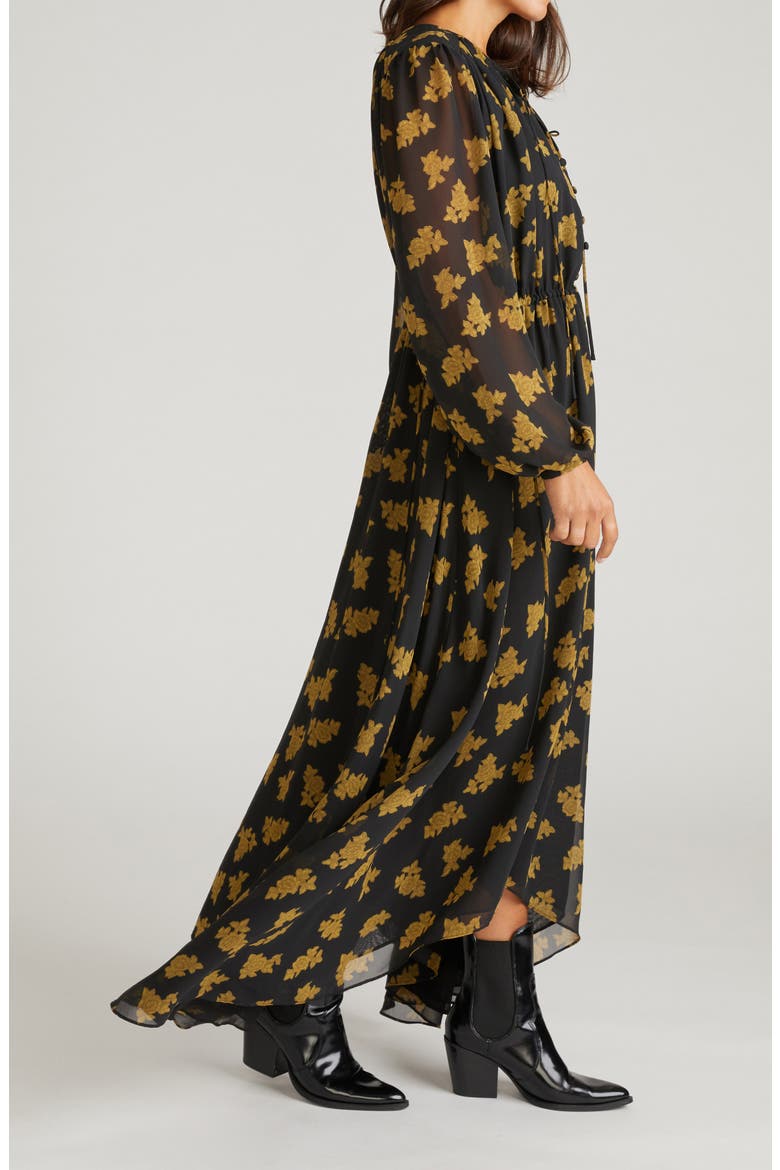 Karina Long Sleeve Chiffon Midi Dress, Alternate, color, BLACK/ GOLD HEIRLOOM