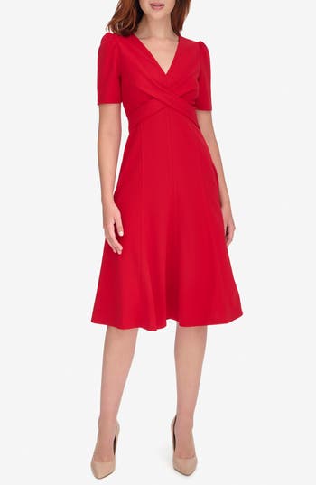 Tommy Hilfiger Crossover Scuba Fit And Flare Midi Dress In Red
