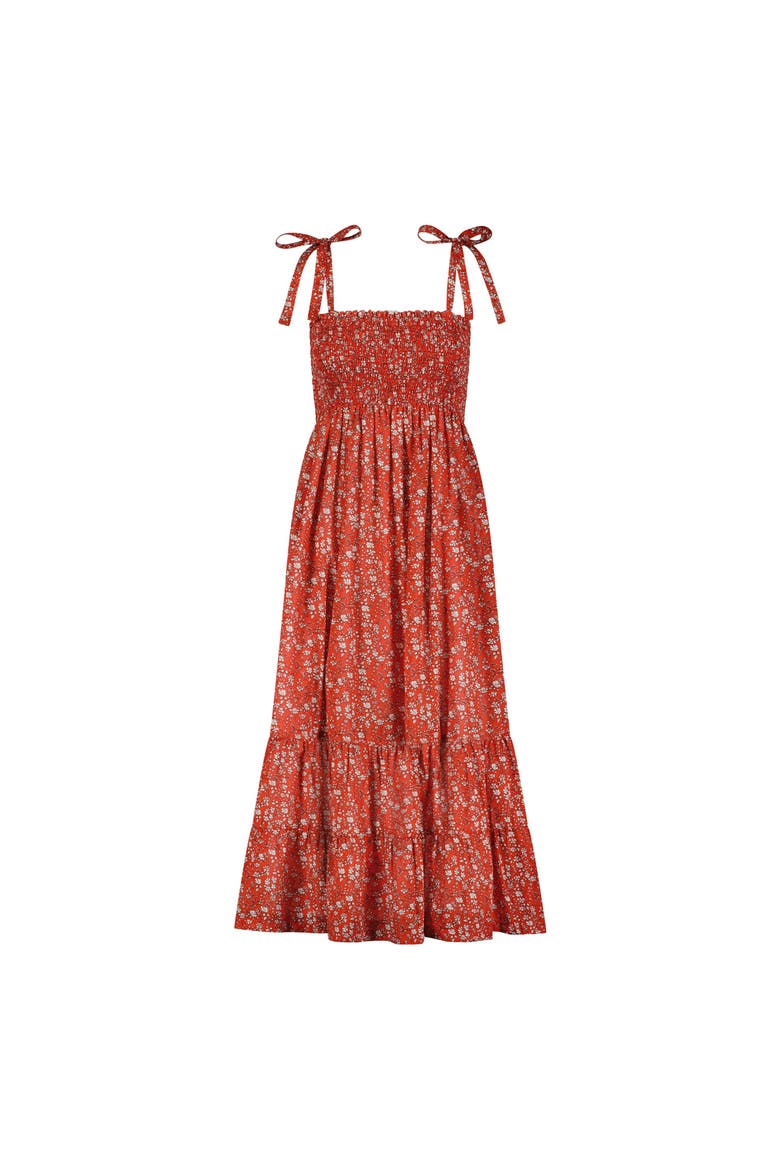 Queen B....India WOMEN'S Smocked Shoulder Tie Maxi Dress Red Floral, Main, color, Red Floral