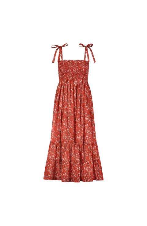Queen B....India WOMEN'S Smocked Shoulder Tie Maxi Dress Red Floral