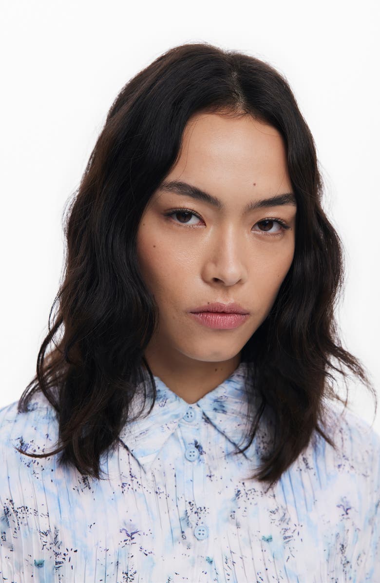 Desigual Abstract Print Plissé Button-Up Shirt, Alternate, color, Blue