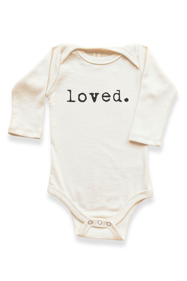 Loved - Organic Long Sleeve Baby Bodysuit, Main, color, Natural Black Lettering