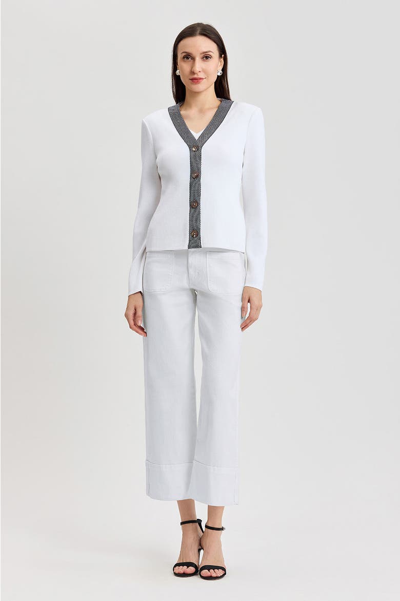 Family Savvy Contrast Trim Soft Knit Cardigan, Alternate, color, White/Black