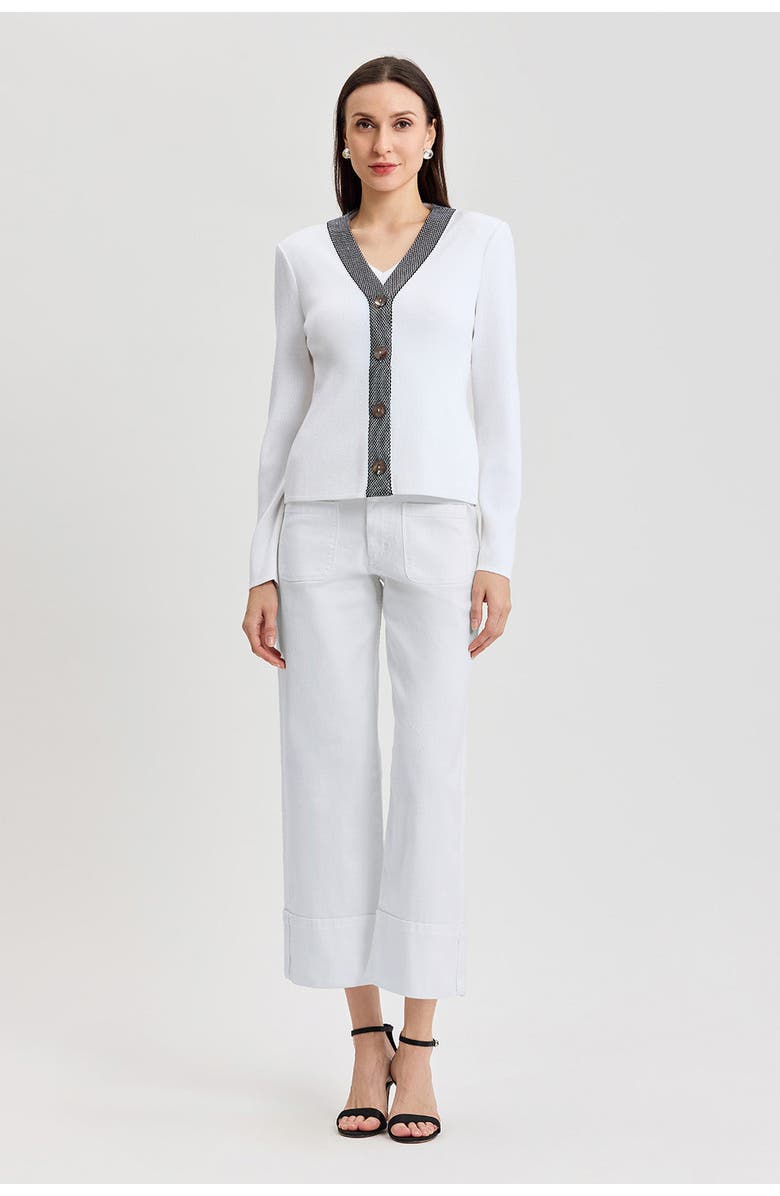 Ming Wang Family Savvy Contrast Trim Soft Knit Cardigan, Alternate, color, White/Black