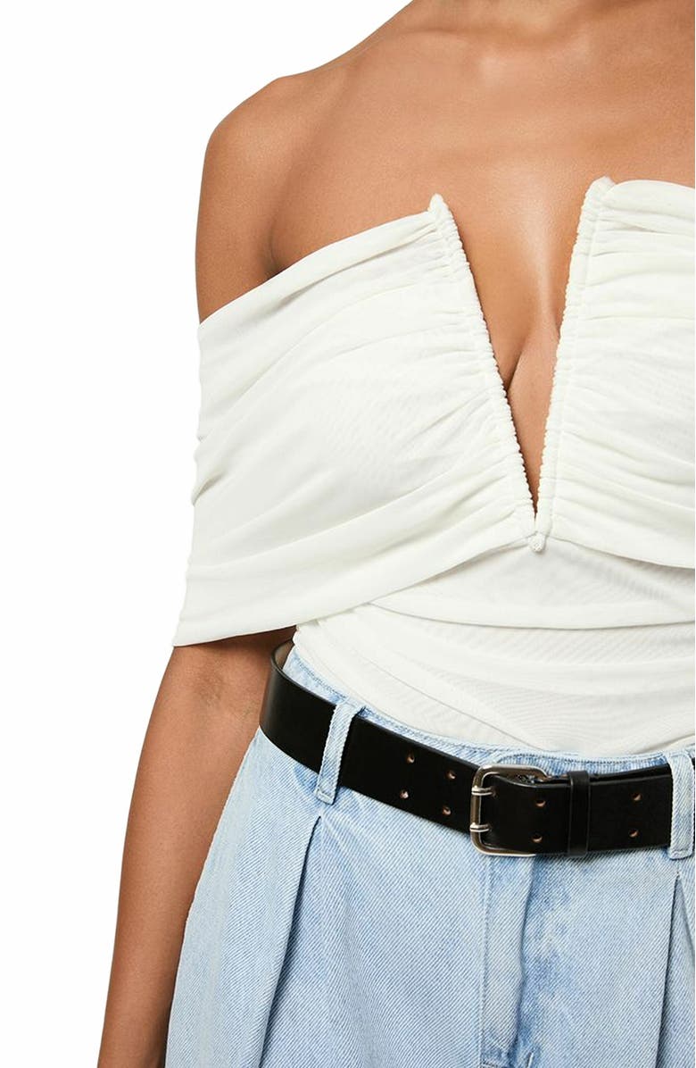 WeWoreWhat Ruched Off Shoulder Bodysuit, Alternate, color, Ivory