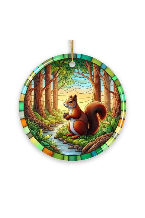 Forest Squirrel Stained Glass Style Ceramic Ornament
