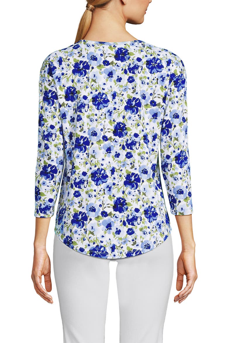 3/4 Sleeve Lightweight Jersey U-Neck Tunic, Alternate, color, Clear Blue Painted Blooms