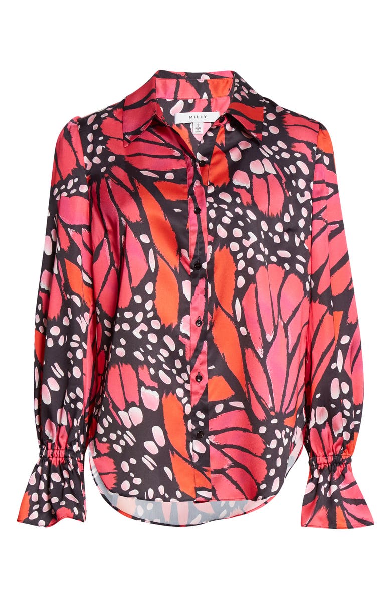 Milly Lacey Butterfly Satin Button-Up Blouse, Alternate, color, 