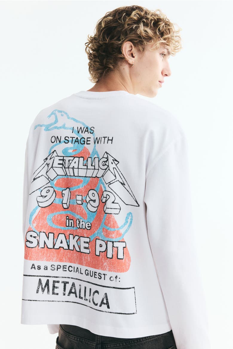Relaxed-fit Long-sleeved Printed Cotton T-shirt, Alternate, color, White/Metallica