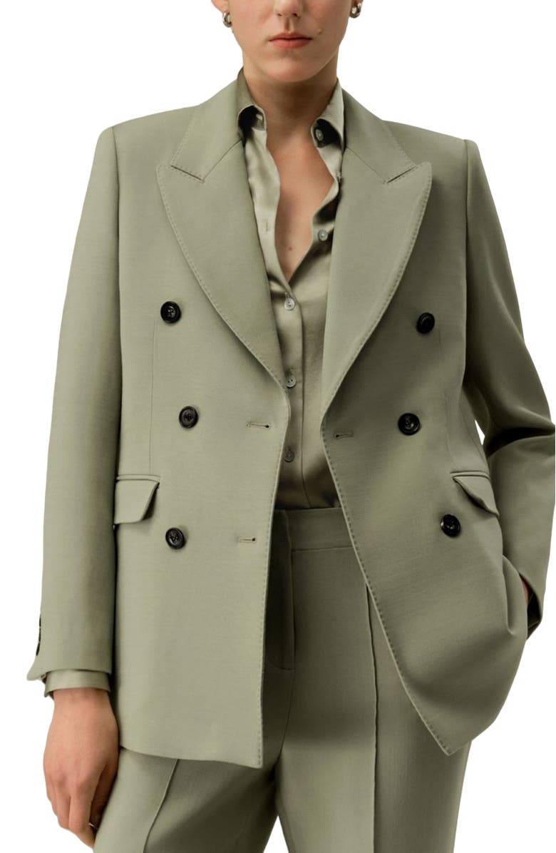 Lilysilk Women's Silk-Wool Blend Double Breasted Lapel Blazer, Main, color, Laurel Oak