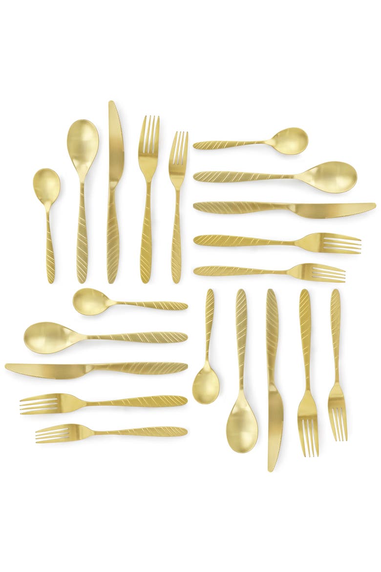 La Vague 20 Piece Flatware Utensil Set, Stainless Steel Silverware Metal Service for 4, Alternate, color, Matte Gold