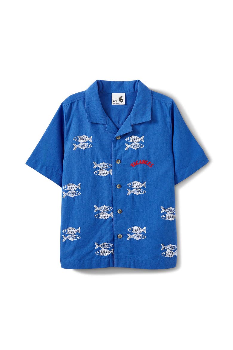 Kid's Cabana Short Sleeve Shirt, Main, color, Harbour Blue Fish Embroidery