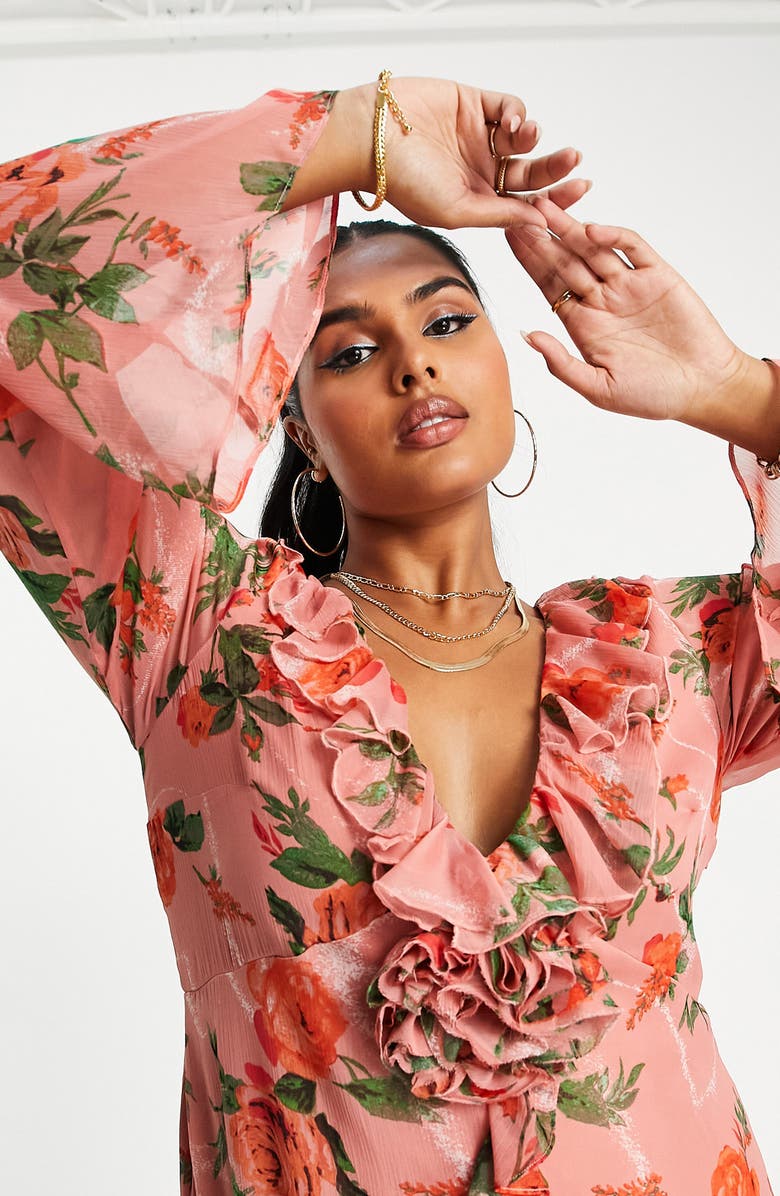 ASOS DESIGN Curve Rose Print Long Sleeve Midi Dress, Alternate, color, 