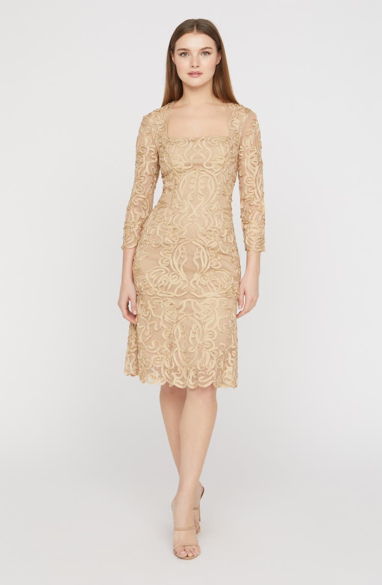 JS Collections Violette Soutache Lace Long Sleeve Cocktail Dress, Alternate, color, Gold