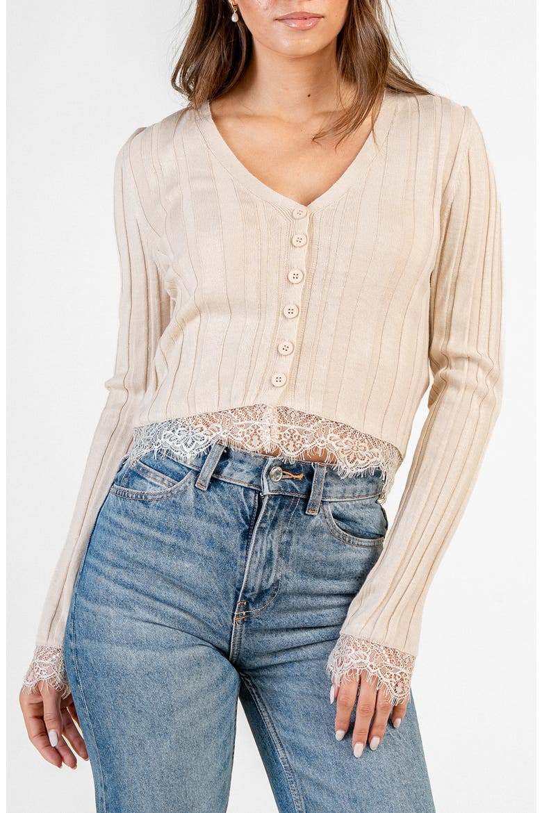 Lace Trim Ribbed Cardigan, Main, color, NATURAL