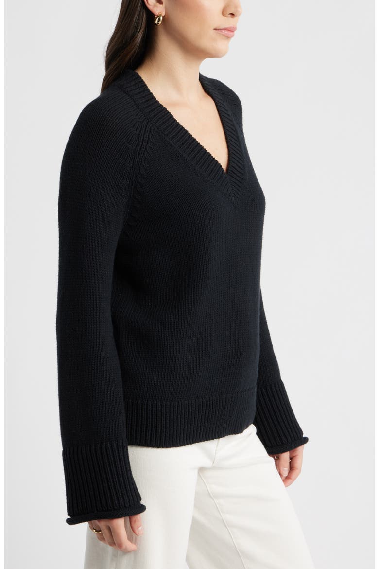 Oversize V-Neck Cotton Sweater, Alternate, color, BLACK