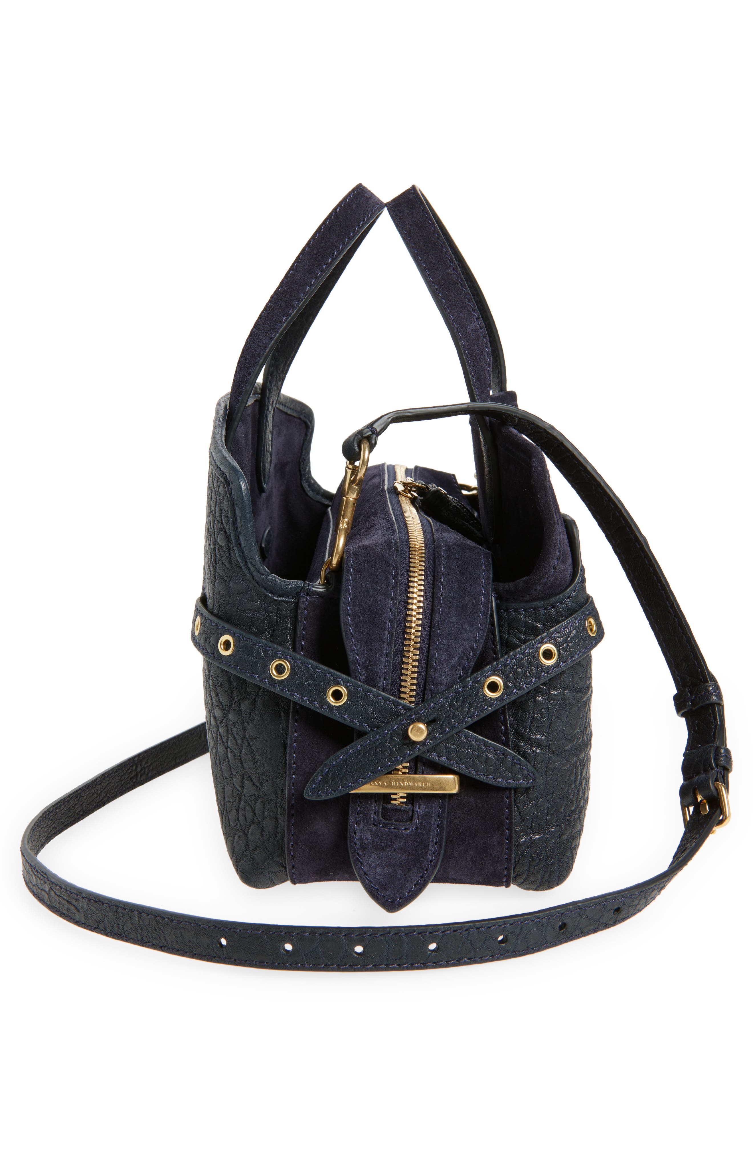 Anya Hindmarch Small Wilson Eyelet Grained Leather & Suede Tote, Alternate, color, Marine