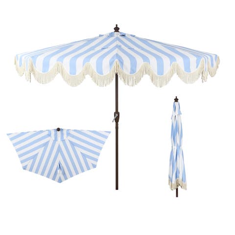 Beverly 9 ft. Designer Classic Scalloped Fringe Half Market Patio Umbrella with Crank, Push Button Tilt and UV Protection