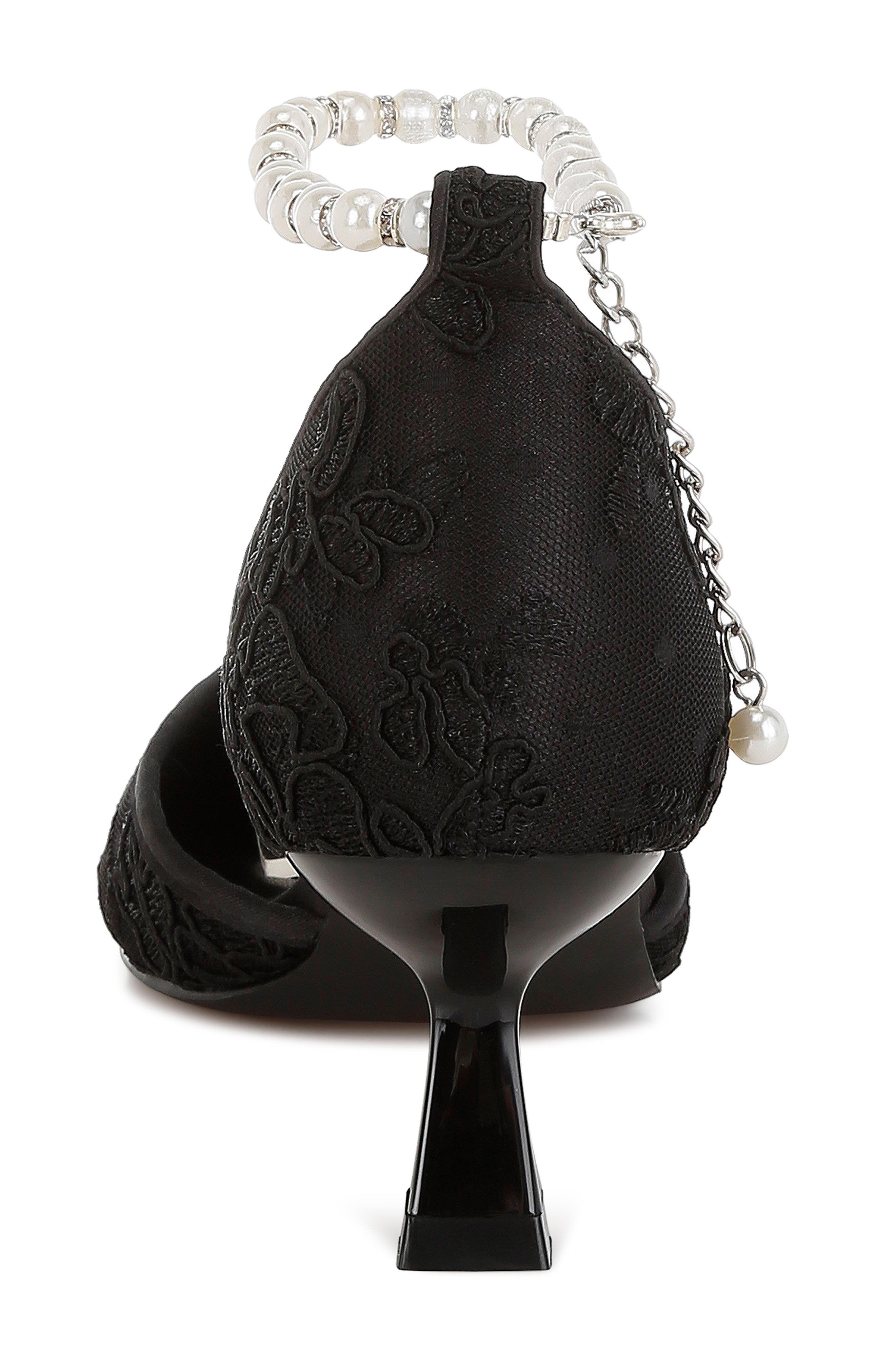 Rag & Co Bruna Faux Pearl Ankle Tie Lace Pump, Alternate, color, Black