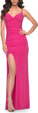 La Femme Neon Net Jersey Rhinestone Prom Dress with Corset Waist