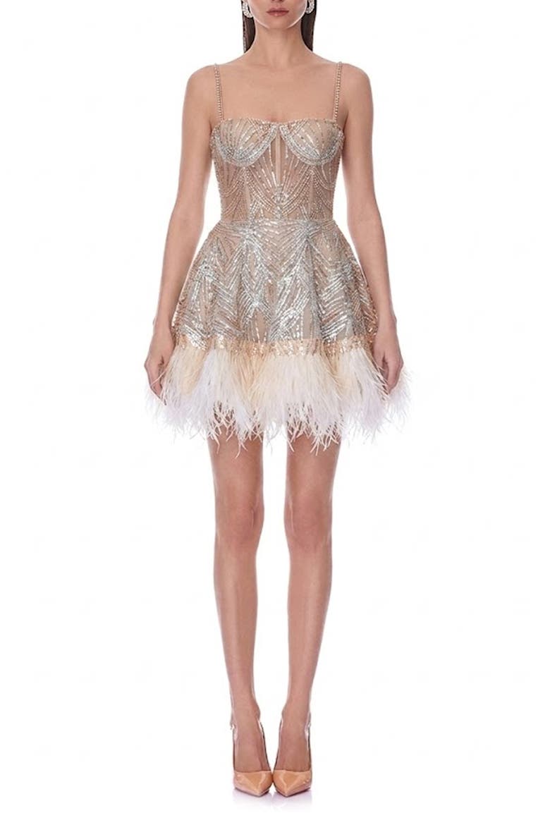 Mademoiselle Bead & Feather Cocktail Minidress, Main, color, WHITE