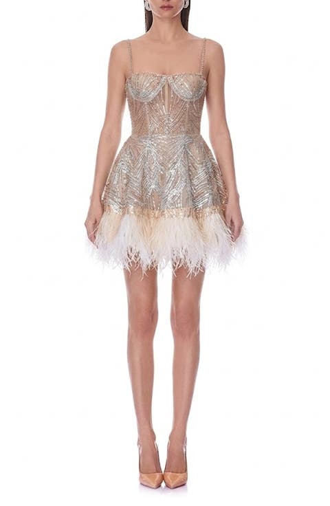 Mademoiselle Bead & Feather Cocktail Minidress