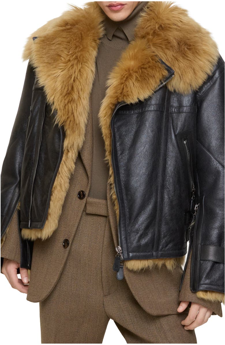 Burberry Cropped Shearling Aviator Jacket, Main, color, Black