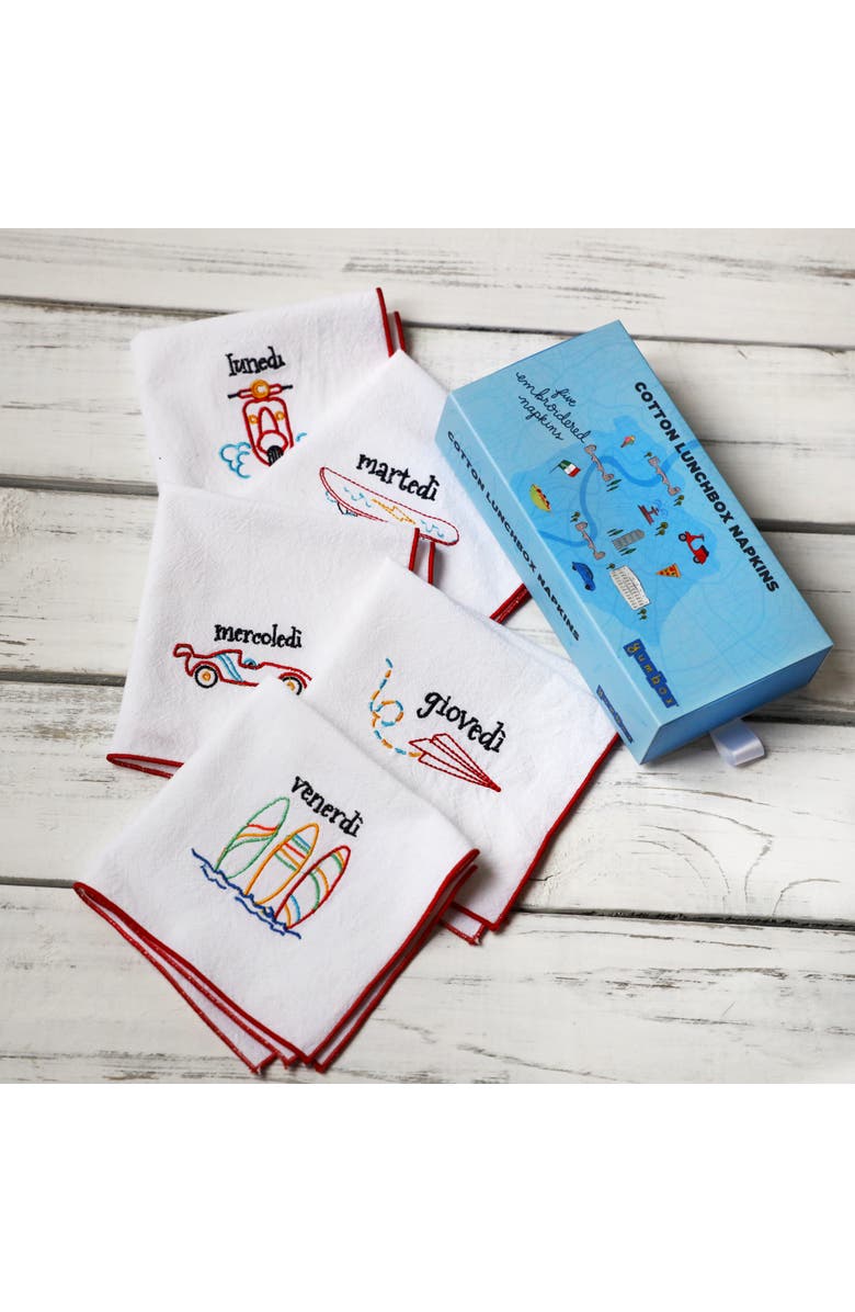 Yumbox Reusable Embroidered Cotton Napkin Set - Days of the Week in Italian, Alternate, color, Blue