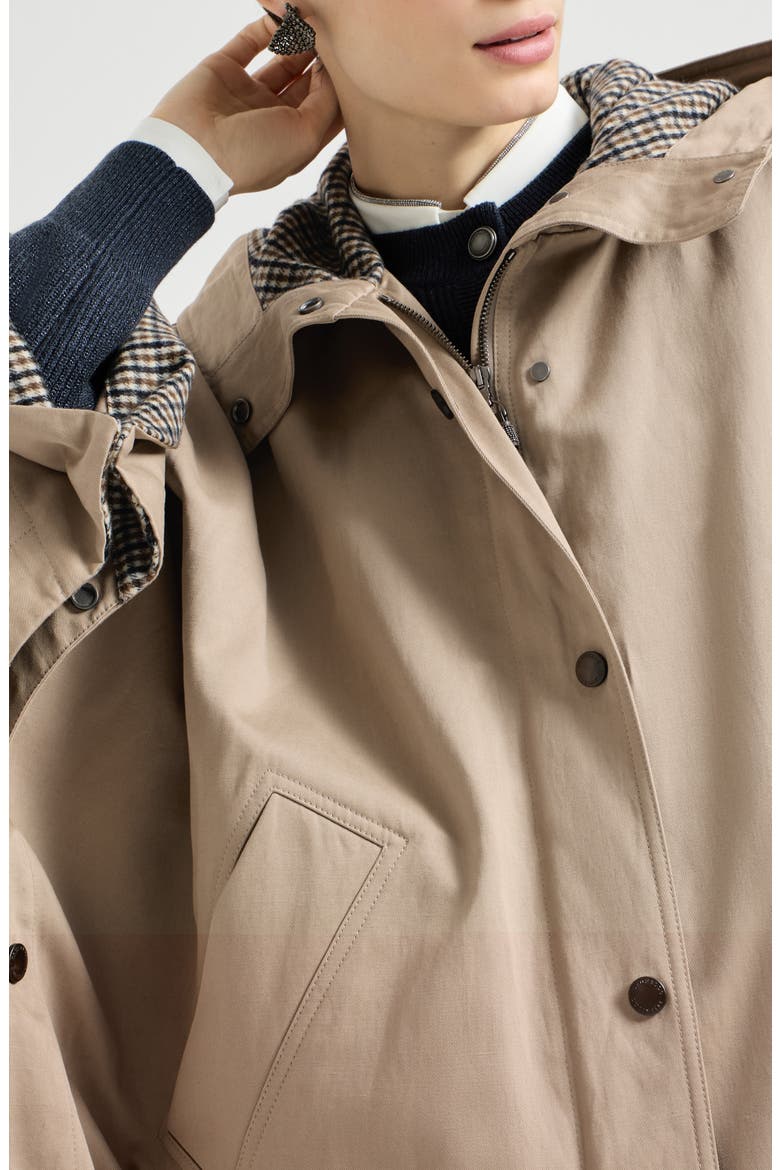 Cotton and linen twill hooded outerwear jacket with monili, Alternate, color, Camel