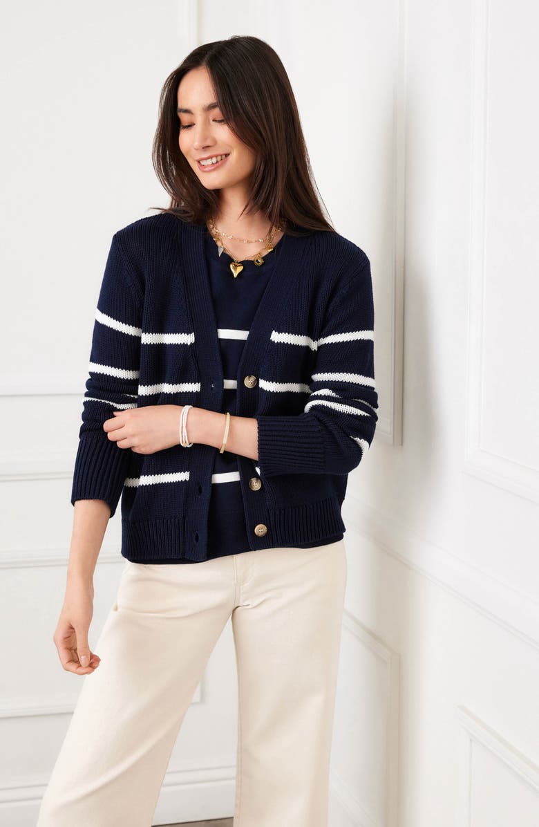Karen Kane Stripe Cardigan Sweater, Alternate, color, Navy W/ Off White